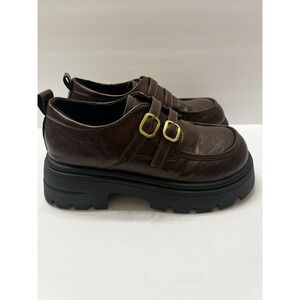 LSD Chunky Platform Loafers Brown Faux Leather 2 Straps Gold Buckles Women 7.5